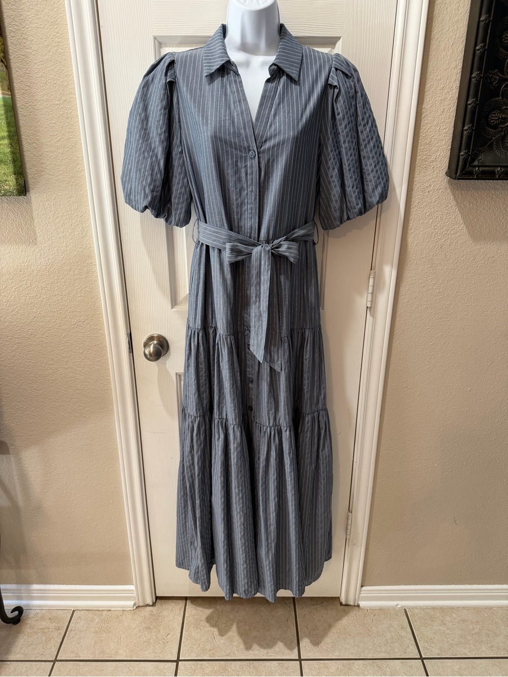 Big Hit Fashion Striped Puff-Sleeve Tiered Maxi Dress - Blue Size M